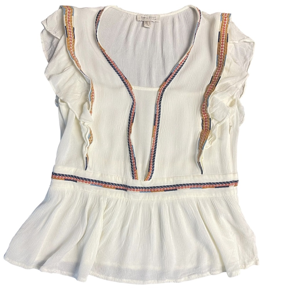 See U Soon‎ Anthropologie Ivory Embroidered Flutter Sleeve Peplum Blouse Size XS